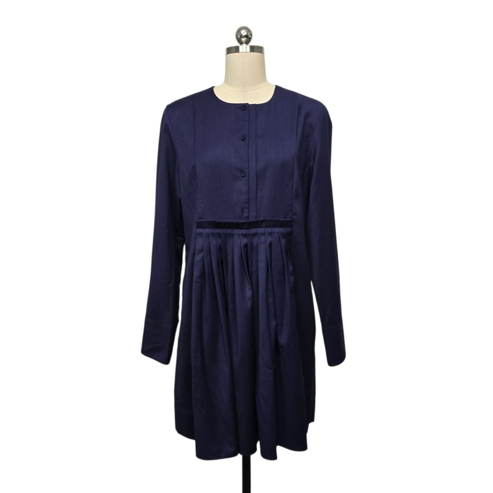 COS Navy Blue Wool Blend Pleated‎ Long Sleeve Dress EUR 38 US 6